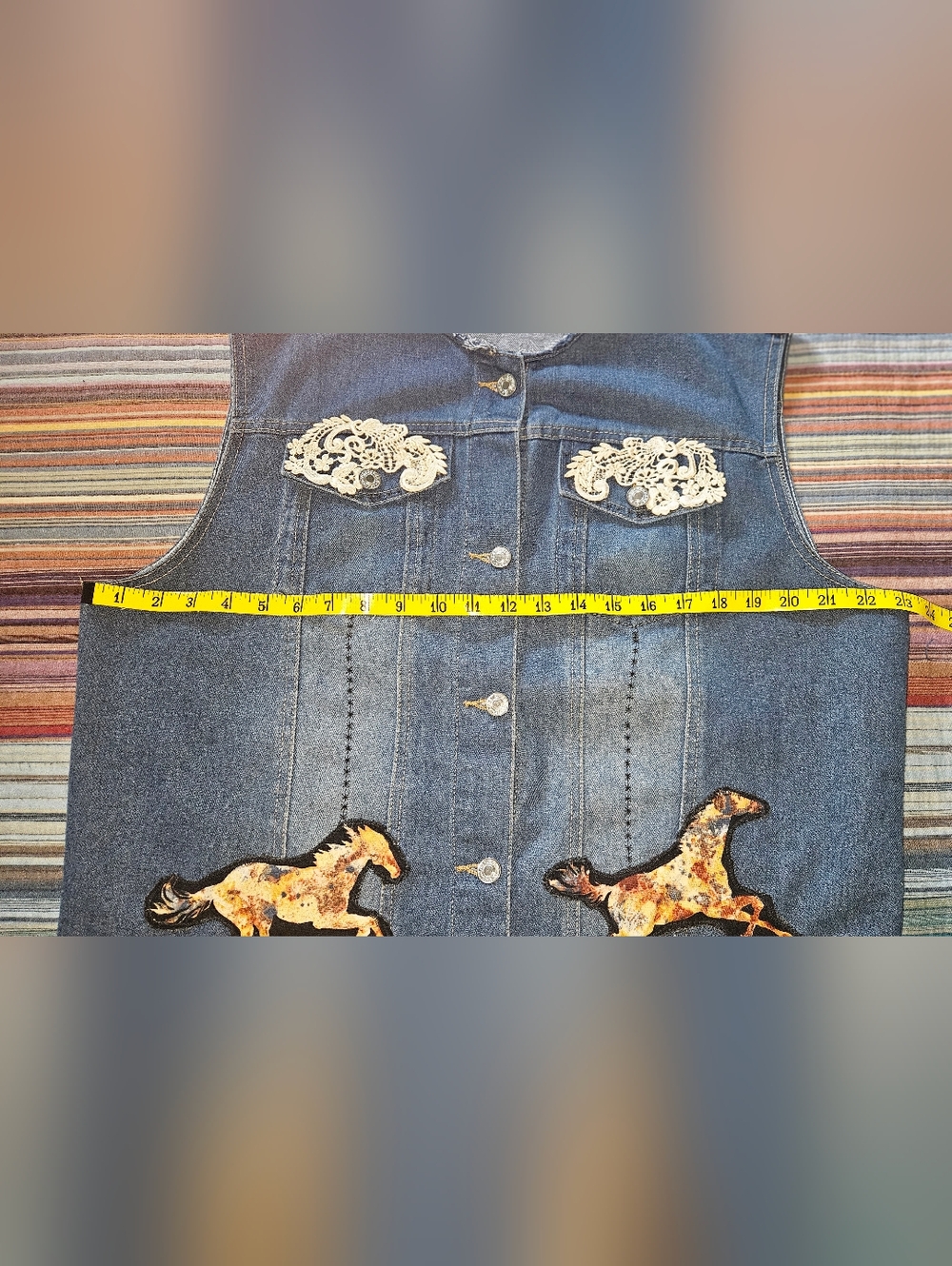 Horse Patch Denim Vest in Blue with Cream Lace Accents - Picture 3 of 6